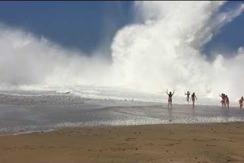 Giant Wave Crash Lumaha''i Beach in Kauai, Hawaii