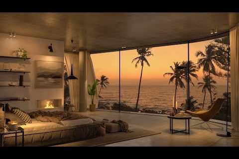 Cozy Bedroom Luxury Ambience Sunset on the Beach - 4k Smooth Piano Jazz Music to Relax, Study, Work