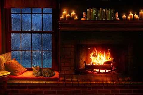 Cozy Cabin Ambience - Rain and Fireplace Sounds at Night 8 Hours for Sleeping, Reading, Relaxation