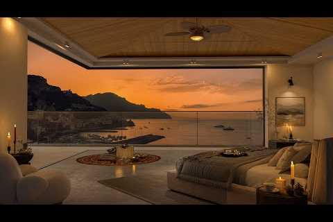 4K Cozy Bedroom Luxury in Night Coastal City with | Smooth Piano Jazz Music for Sleep and Study,Work