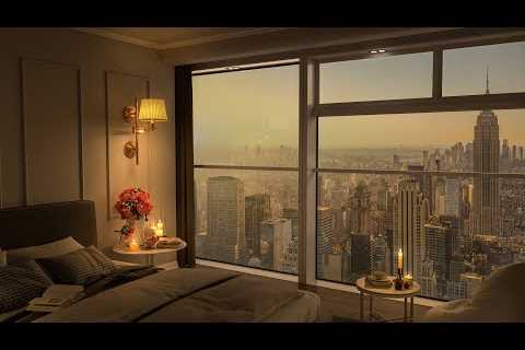 4K Cozy Bedroom in New York City | Sunset Ambience with Smooth Piano Jazz Music for Sleep and Work