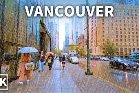 【4K】Downtown Vancouver Walk in the Heavy Rain, Travel Canada 2023, Binaural City Sounds