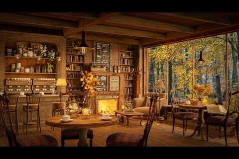 Soothing Jazz Music at Cozy Coffee Shop 4K 🍂 Autumn Rainy Jazz Music for Study, Work and Relax