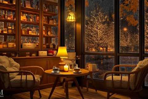 Snow Night on Window at Cozy Winter Coffee Shop Ambience with Smooth Jazz Music & Snowfall for..