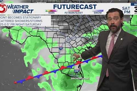 Breezy, warm, and humid with only an isolated shower or two through Friday. Rain chances increase in